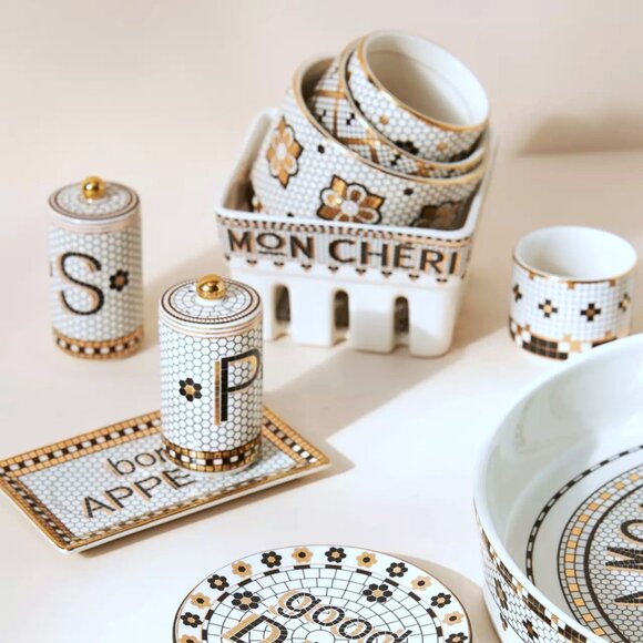 Anthropologie Bistro Tile Stoneware Salt Pepper Shaker Set 3 Pcs Mosaic New - Picture 4 of 6